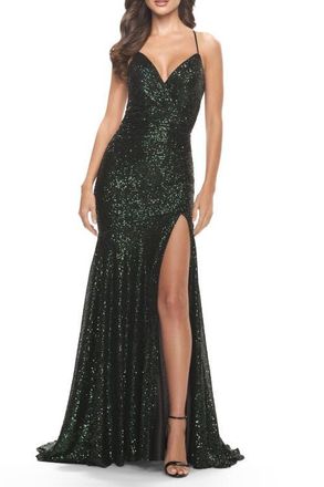 La Femme Long Sequin Gown with Dramatic Flare Skirt and Slit in Dark Emerald at Nordstrom, Size 00