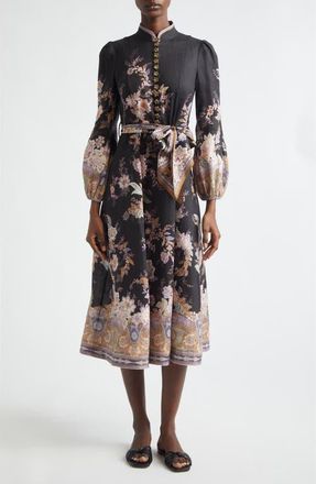 Zimmermann Luna Paisley Print Long Sleeve Linen Midi Dress in Midnight Paisley at Nordstrom, Size 0P