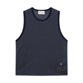 Ami Sleeveless Tops, male, Blue, Size: M Classic Fit Striped Tank Top with Patch