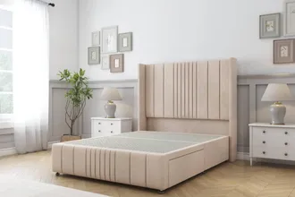 Sloomy Hargrave Naples Divan Base No Drawers-54 Wingback & 12 Footboard in Light Sand | Size: Double