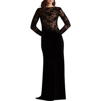 Tadashi Shoji Embroidered Bodice Long Sleeve Gown in Black/Beige at Nordstrom, Size 12