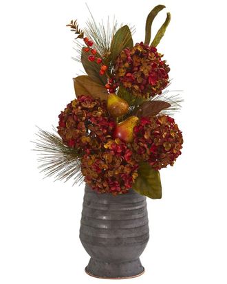 Nearly Natural Hydrangea, Pear & Magnolia Artificial Arrangement in Metal Vase
