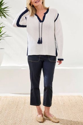 Tribal Long-Sleeve Notch Collar Sweater In White