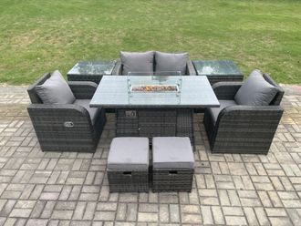 Fimous Rattan Garden Furniture Set Outdoor Patio Gas Fire Pit Dining Table & Chairs with Love Seat Sofa in Dark Grey