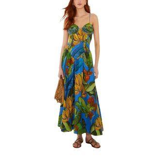 Farm Rio Maxi Jurk - Dames - Maxi kleedjes - Blauw - M - Linnen - Kleedjes