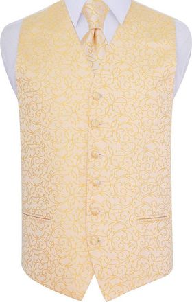 DQT Premium Woven Microfibre Swirl Patterned Gold Mens Wedding Tuxedo Waistcoat Vest with Matching Classic Standard Regular 9cm Tie Set - 44
