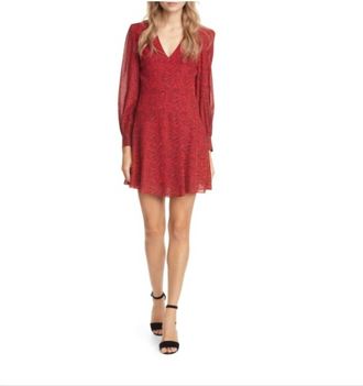 Alice & Olivia Leopard Print Long Sleeve Chiffon Fit & Flare Mini Dress In Red