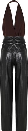 Andamane Brown Astral Draped Waist Vegan Leather Jumpsuit