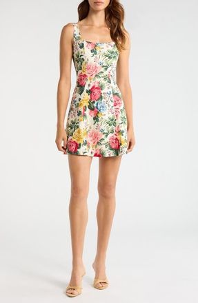 Wayf Rosemary Floral Linen Blend Minidress in Ivory Roses at Nordstrom, Size X-Large