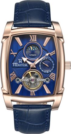 Heritor Mens Valentin Leather-Band Watch w/Date - Rose Gold Stainless Steel - One Size