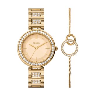 Fossil Womens Karli Three-Hand, Gold-Tone Alloy Watch and Bracelet Set