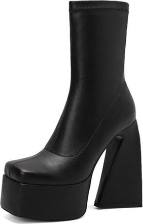Generic Womens Platform Block Heel Sock Boots Square Toe Faux Leather Stretchy Ankle High Stylish Comfortable For Night Out Party And Daily Wear,Black,5.5 UK