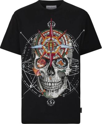 Philipp Plein Round Neck T-Shirt Wind Rose Skull Stones - Heren - T-shirts - Zwart - L - Katoen - Tops