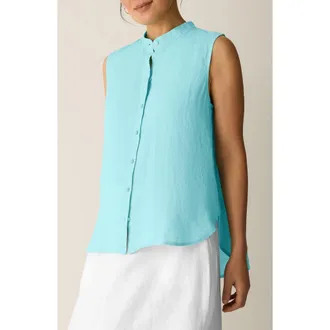 Eileen Fisher Sleeveless Linen Mandarin Collar Button-Up Shirt in Aqua at Nordstrom, Size X-Small