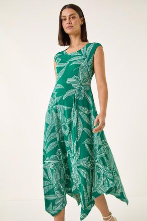 Roman Leaf Puff Print Stretch Maxi Dress
