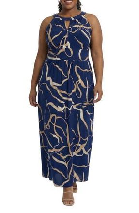 London Times Morris Keyhole Sleeveless Maxi Dress in Navy/Tan at Nordstrom Rack, Size 14W