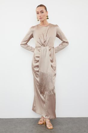 Trendyol Modest Dames Goudkleurig Effen Maxi Lang Stijlvol/Avond Zeemeermin Modest Avond Jurken