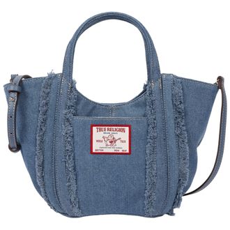 True Religion Atlas Frayed Medium Tote Bag - Denim Carryall with Removable Crossbody Strap