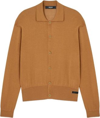 Versace Zijde-Katoen Gebreide Polo Cardigan - Heren - Vesten - Bruin - XL - Katoen - Truien & Vesten