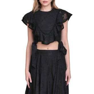 Avec Les Filles Lace & Ruffle Crop Top in Black at Nordstrom, Size X-Large