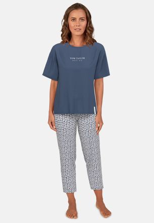 Tom Tailor Capri-Pyjama TOM TAILOR Westport, Damen, Gr. 36 (S), blau, Single Jersey, Obermaterial: 95% Baumwolle, 5% Elasthan, bequem 7/8-L&auml;nge, Rundhals, Homewe