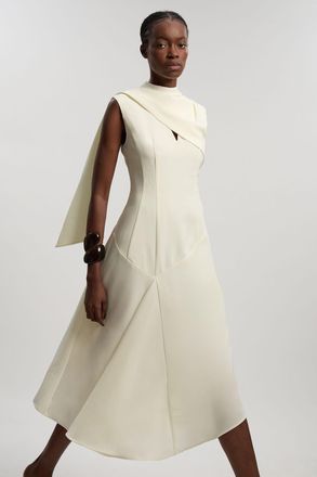 Karen Millen Womens Tailored Crepe Cape Asymmetric Neck Detail Midi Dress - White - Size 8 UK