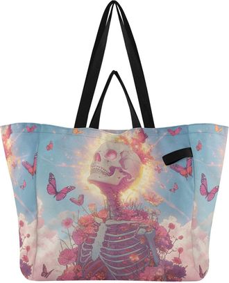 Generic Pink Skeleton Butterfly pattern Reusable Canvas Tote Bag, Heavy Duty Grocery Shopping Bag with Double Handles Hard Bottom Large Capacity Work Grocerie