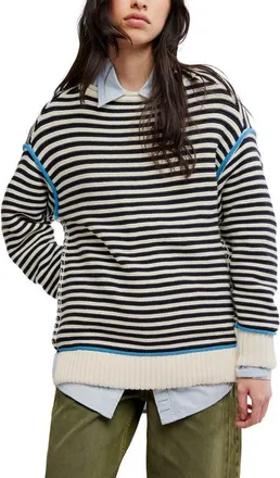 Free People We The Free Stripe Cotton Sweater in Charcoal Combo at Nordstrom, Size X-Small