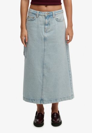 Superdry Jeansrock SUPERDRY DENIM CARGO MAXI SKIRT, Damen, Gr. XL, light vintage blau, Web, Obermaterial: 100% Baumwolle, Abriebeffekte, regular fit kniebedeck