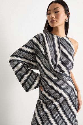 Warehouse Womens Petite Printed One Shoulder Twist Front Keyhole Satin Maxi Dress - Multicolour - Size 14 UK