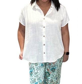 Wishlist Shirred Short Sleeve Button Down Linen Top In Off White