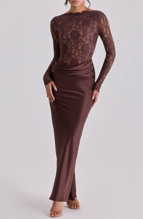 House of CB Yasmeen Long Sleeve Lace & Satin Two-Piece Gown in Brown at Nordstrom, Size X-Small