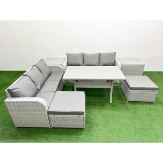 Fimous Fimous Outdoor Garden Furniture Sets 8 Seater Wicker Rattan Furniture Sofa Sets with Rectangular Dining Table high Back Lounge Sofa 2 Big Footstool 2