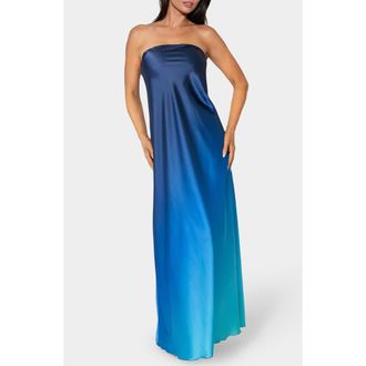 Bebe Satin Ombr&eacute; Strapless Maxi Dress in Blue Multi at Nordstrom Rack, Size X-Small