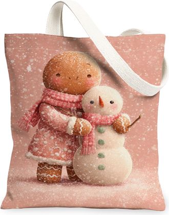 Generic Winter Gingerbread Canvas Tote Bags, Cute Snow Man Pattern Reusable Grocery Bags, Vintage Lightweight Washable Shoulder Str, Peach, 13x15 Inch