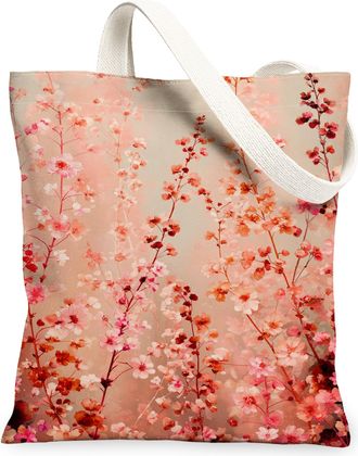 Generic Floral Peach Canvas Tote Bags, Elegant Blossom Pattern Reusable Grocery Bags, Spring Vintage Lightweight Washable Shoulder, Peach, 13x15 Inch