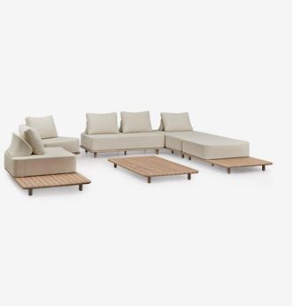 Sklum Conjunto De Jard&iacute;n Con Sof&aacute; Modular Chaise Longue 3 Piezas,mesa Auxiliar,2 Sillones Y Mesa De Centro 160x95 Cm En Acacia Portet Sklum