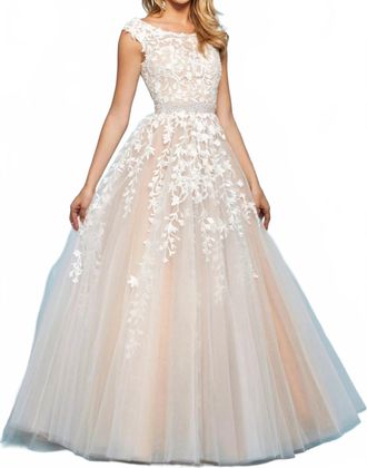 Sherri Hill Embroidered Tulle Ball Gown In Ivory/nude