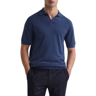 Reiss Duchie Johnny Collar Short Sleeve Wool Polo Sweater in Azure at Nordstrom, Size X-Large