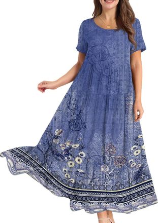 Generic Women Summer Dresses Cotton Casual Bohemian Short Sleeve Floral Long Maxi Swing Sun Dress Plus Size Beach Cover Up for Vacation Nightwear, Blue, XXL