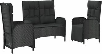 vidaXL Set Comedor De Jard&iacute;n 3 Pzas Con Cojines Rat&aacute;n Sint&eacute;tico Negro Vidaxl