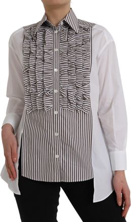 Dolce & Gabbana Womens White Stripes Cotton Long Sleeves Ruffle Collar Top
