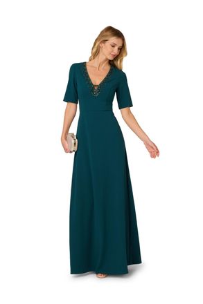 Adrianna Papell Womens Trimmed Mermaid Gown - Green - Size 12 UK