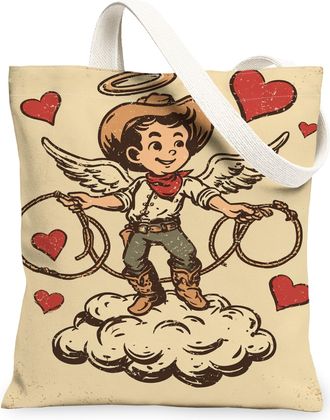 Generic Vintage Playful Canvas Tote Bags, Heart Design Reusable Grocery Bags, Seasonal Lightweight Washable Shoulder Strap Canvas F, Beige, 13x15 Inch