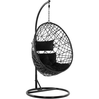 Beliani Beliani - Silla Colgante De Rat&aacute;n Con Soporte Negro Columpio Forma De Huevo Mimbre R&uacute;stico Boho Alatri