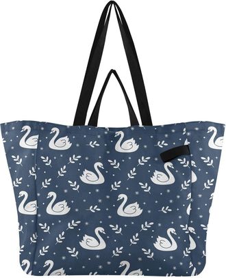 Generic Winter Swans Leaves Blue print Reusable Canvas Tote Bag, Heavy Duty Grocery Shopping Bag with Double Handles Hard Bottom Large Capacity Work Groceries