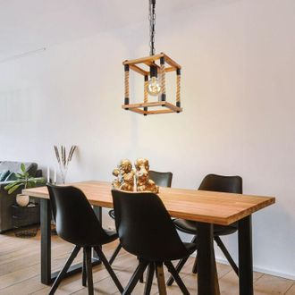 Globo Lighting Lampada a sospensione in legno per sala da pranzo, lampada a sospensione in corda di canapa, lampada da soggiorno, struttura in legno, metallo nero