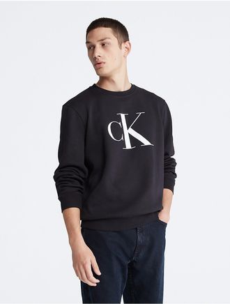 Calvin Klein Mens Monogram Logo Fleece Crewneck Sweatshirt - Black - XS