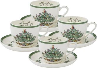 Spode Set Of 4 Christmas Tree 7Oz Teacups & Saucers