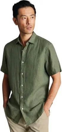 CHARLES TYRWHITT Plain Pure Linen Short Sleeve Shirt in Olive Green at Nordstrom, Size Xx-Large